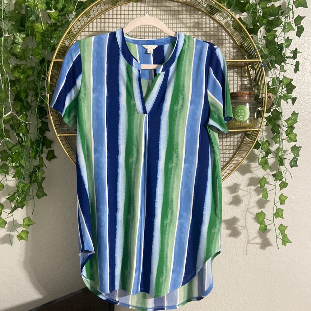 NWOT Cato Cure Blue, Green, and white striped top. New without tags size small